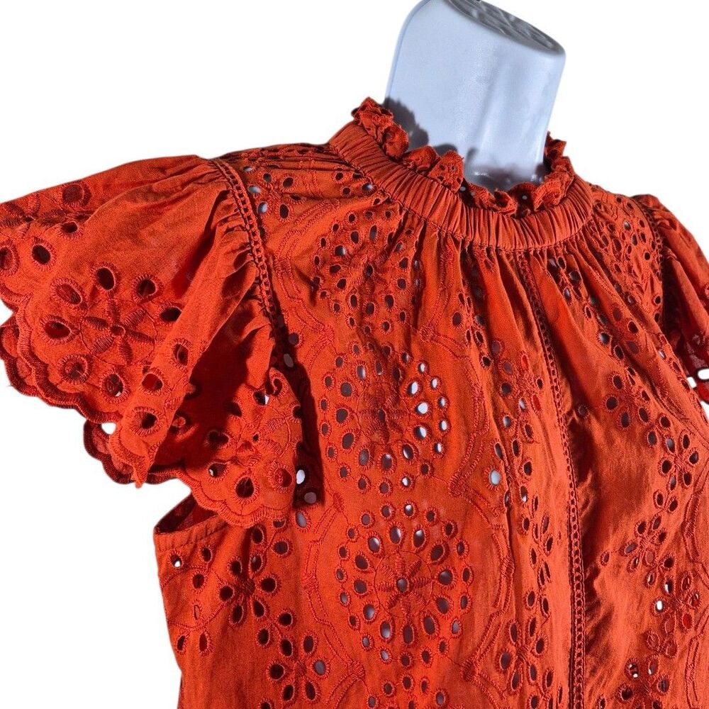 Jennifer Grace S Eyelet Orange Ruffle Button Bk Boho Festival Sheer Cottage Top - Picture 3 of 9